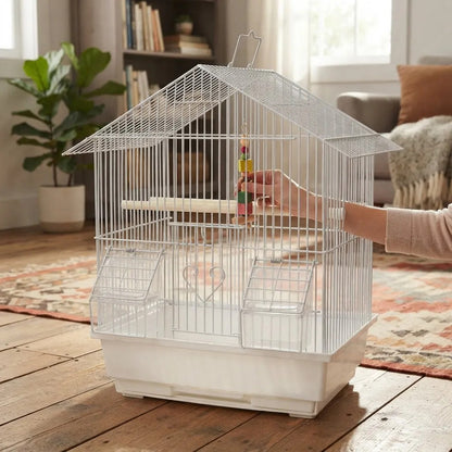 Jaula Para Aves Tipo Casa Con Comederos Y Posaderas Blanco