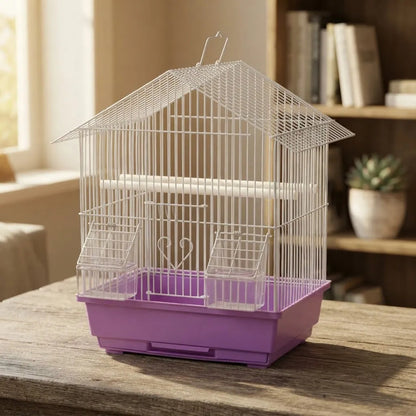 Jaula Para Aves Tipo Casa Con Comederos Y Posaderas Morado
