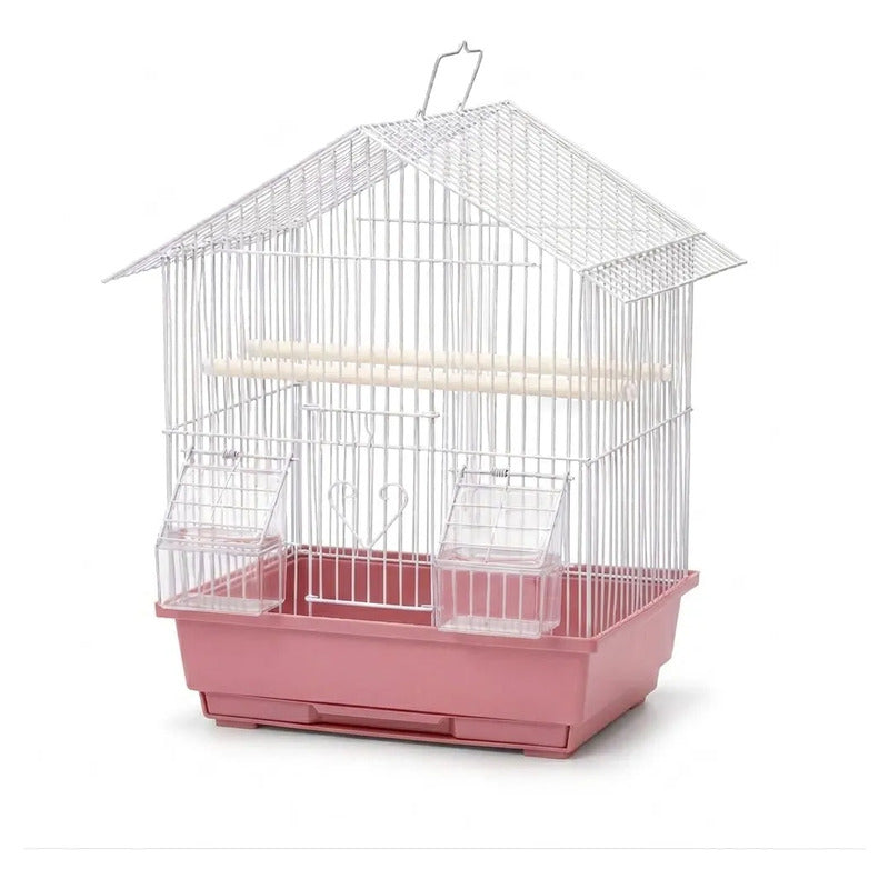 Jaula Para Aves Tipo Casa Con Comederos Y Posaderas Rosa