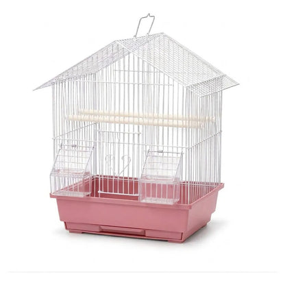 Jaula Para Aves Tipo Casa Con Comederos Y Posaderas Rosa