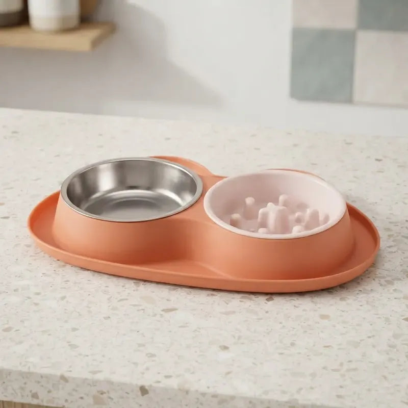 Plato Doble Para Perros Con Alimentación Lenta Naranja