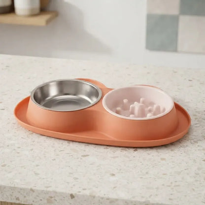 Plato Doble Para Perros Con Alimentación Lenta Naranja