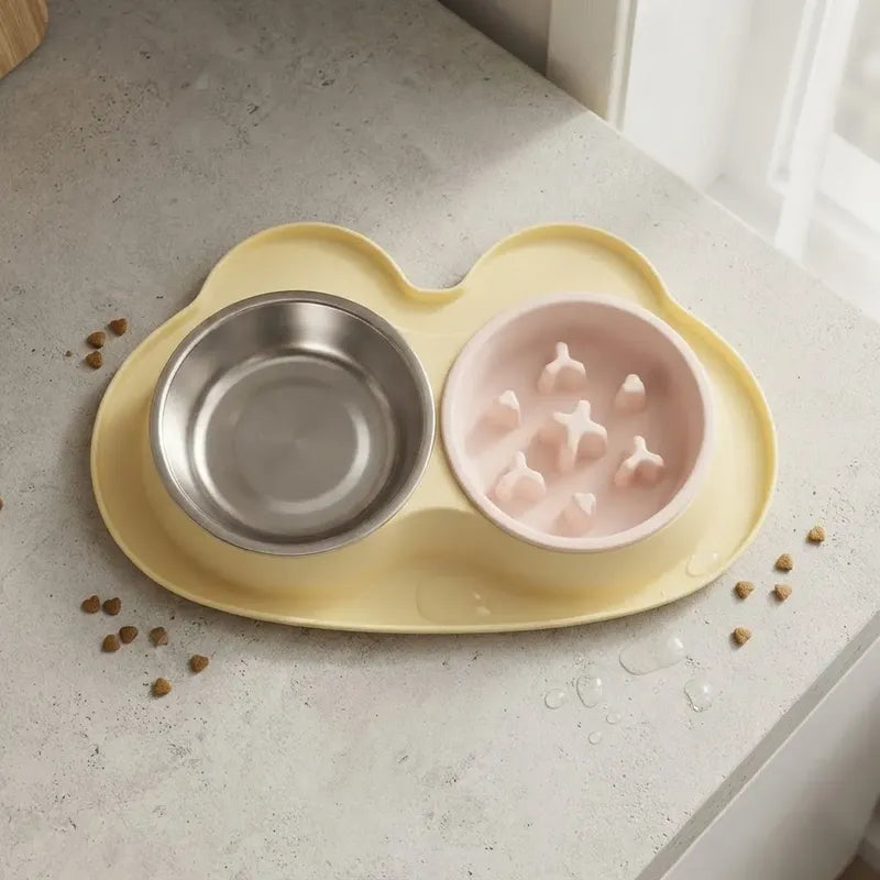 Plato Doble Para Perros Con Alimentación Lenta Amarillo