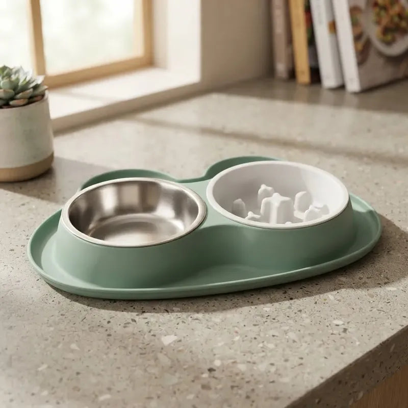 Plato Doble Para Perros Con Alimentación Lenta Verde