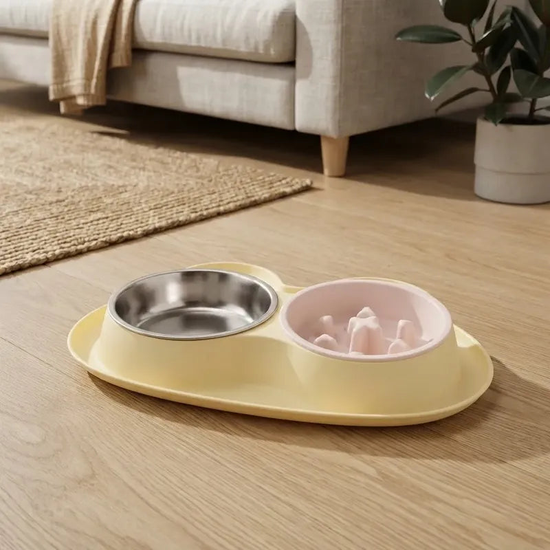 Plato Doble Para Perros Con Alimentación Lenta Amarillo