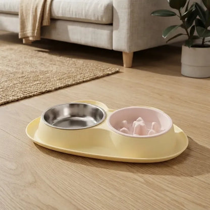 Plato Doble Para Perros Con Alimentación Lenta Amarillo