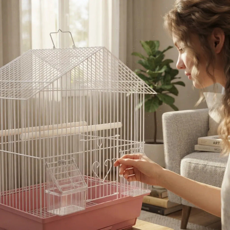 Jaula Para Aves Tipo Casa Con Comederos Y Posaderas Rosa