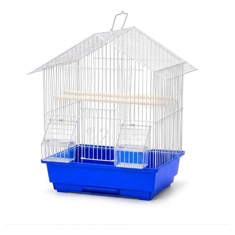 Jaula Para Aves Tipo Casa Con Comederos Y Posaderas Azul