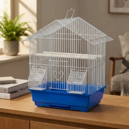 Jaula Para Aves Tipo Casa Con Comederos Y Posaderas Azul