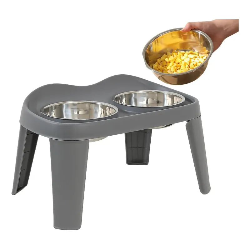 Plato Elevado Doble Para Perros Y Gatos De Acero Inoxidable Gris