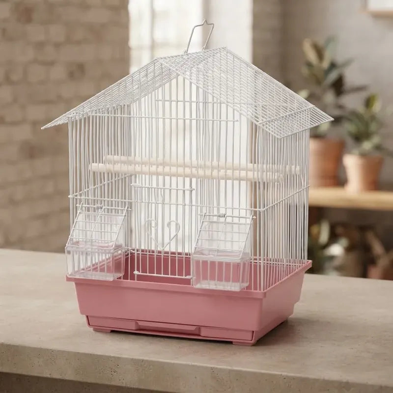 Jaula Para Aves Tipo Casa Con Comederos Y Posaderas Rosa