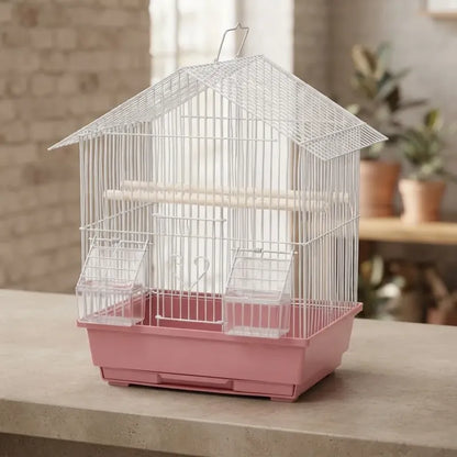 Jaula Para Aves Tipo Casa Con Comederos Y Posaderas Rosa