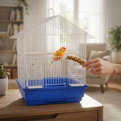 Jaula Para Aves Tipo Casa Con Comederos Y Posaderas Azul