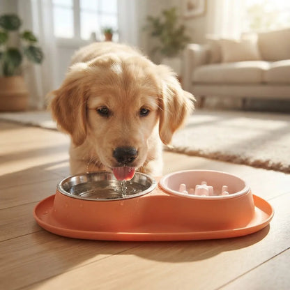 Plato Doble Para Perros Con Alimentación Lenta Naranja