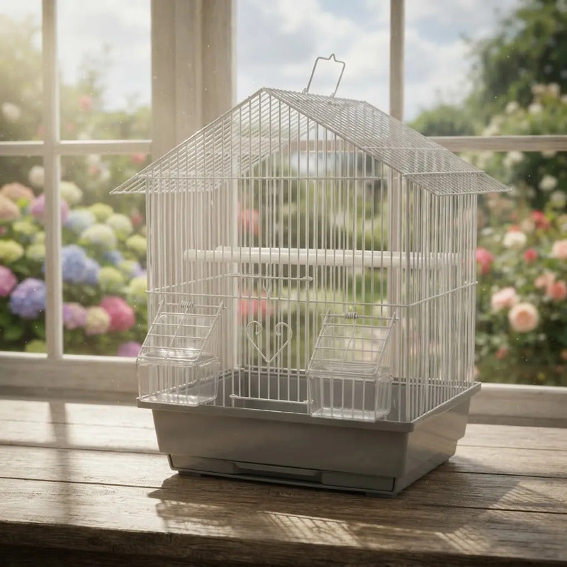 Jaula Para Aves Tipo Casa Con Comederos Y Posaderas Gris