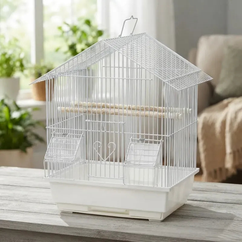Jaula Para Aves Tipo Casa Con Comederos Y Posaderas Blanco