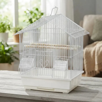 Jaula Para Aves Tipo Casa Con Comederos Y Posaderas Blanco
