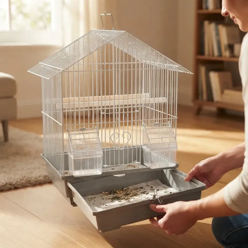 Jaula Para Aves Tipo Casa Con Comederos Y Posaderas Gris