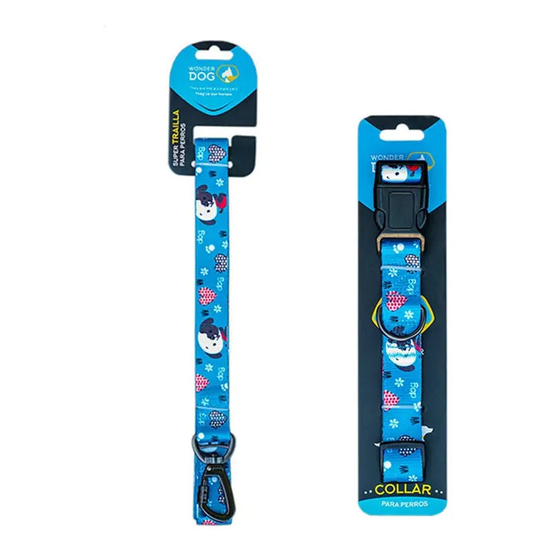 Set Correa Y Collar Para Perros Talla L Con Diseños Azul Perritos L