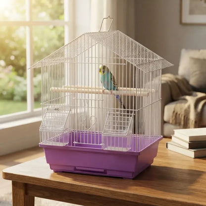 Jaula Para Aves Tipo Casa Con Comederos Y Posaderas Morado